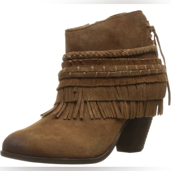 New Naughty Monkey In Lyne Boho Fringe Western Tan Suede Block Heel Ankle Boot - Picture 2 of 16